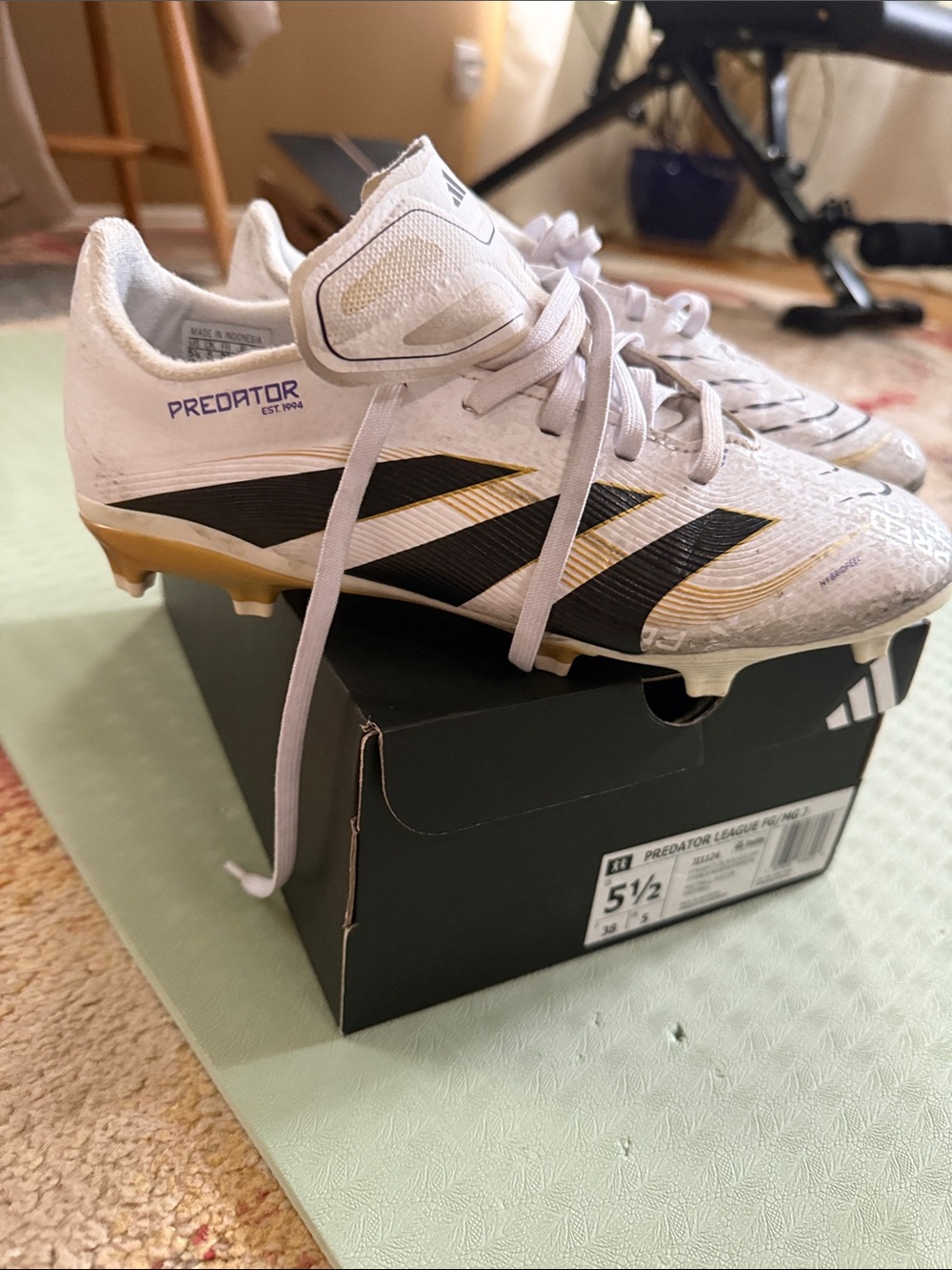 adidas White and Gold soccer cleats predator league fg/mg j